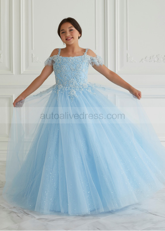 Cold Shoulder Beaded Sky Blue Lace Tulle Sparkling Flower Girl Dress